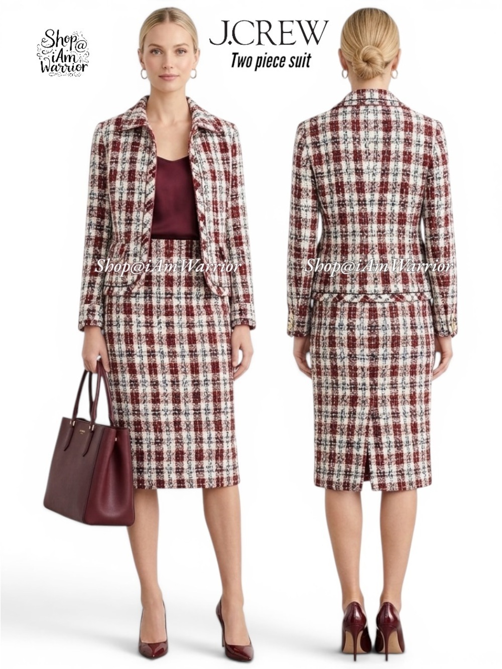 J.Crew 2 PC crimson plaid tweed jacket + matching midi skirt
